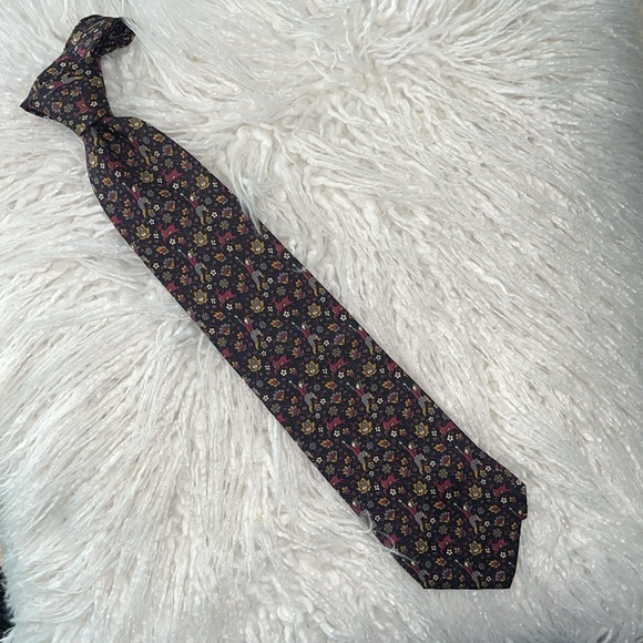LANCEL PARIS 100% Silk Tie Floral Hunting Deer Print Burgundy Gray Mustard Black - Picture 7 of 7